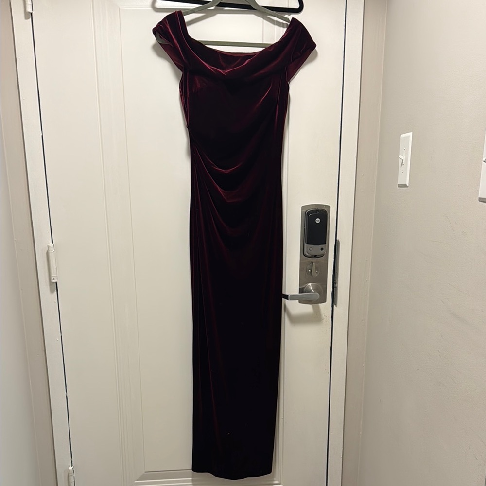 Xscape Off-Shoulder Velvet Gown in Burgundy